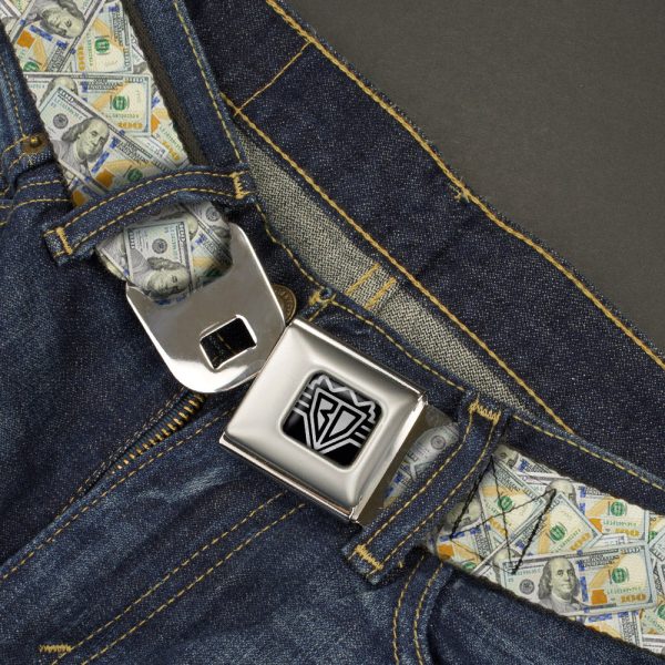 BD Wings Logo CLOSE-UP Full Color Black Silver Seatbelt Belt - Vivid 100 Dollar Bills Stacked Webbing Hot on Sale - Image 2