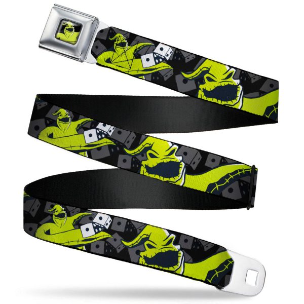 Oggie Boogie Smiling Pose Full Color Black Green Seatbelt Belt - Oogie Boogie Rolling Dice Pose Dice Scattered Black Grays Lime Green Webbing Hot on Sale