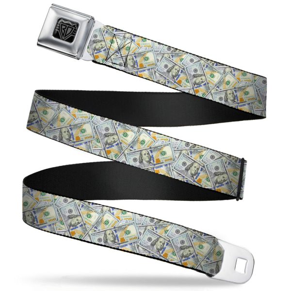 BD Wings Logo CLOSE-UP Full Color Black Silver Seatbelt Belt - Vivid 100 Dollar Bills Stacked Webbing Hot on Sale